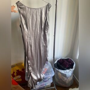 Asos Design Scoop Back Ruffle Hem Mini Dress in Metallic Silver